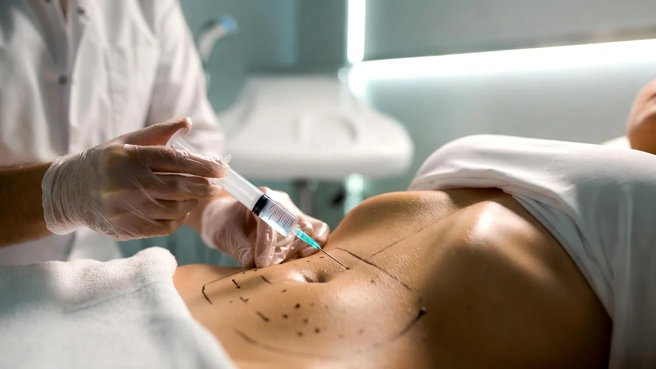 CoLaz clinician delivering an Aqualyx injection into a pre-marked treatment area on a patient's abdomen for body contouring