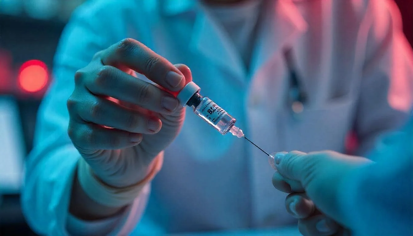 Close-up of a gloved clinician drawing a measured B12 dose from the cyanocobalamin vial into a fine intramuscular syringe before a CoLaz injection