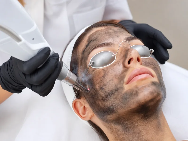 Close-up of the laser handpiece passing over carbon-coated skin during a carbon laser facial