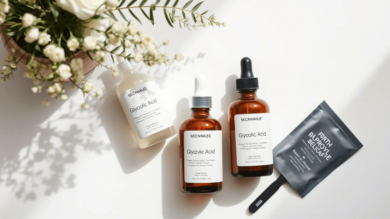 Glycolic acid peel range used at CoLaz, flatlay with editorial styling
