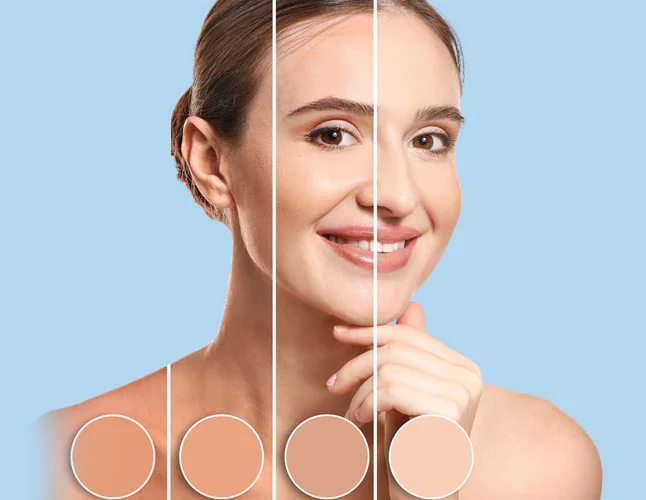 Four-panel skin tone gradient across a single face showing the progressive lightening of melanin pigmentation, the visual outcome a Cosmelan depigmentation peel at CoLaz is designed to deliver