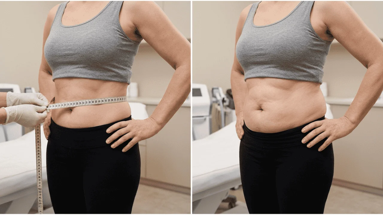 Before and after fat freeze comparison showing reduced waist circumference after a course of treatment at CoLaz
