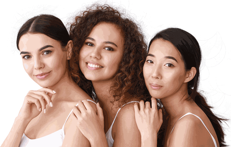 Three diverse smiling patients with clear, glowing skin after a CoLaz Hydrafacial