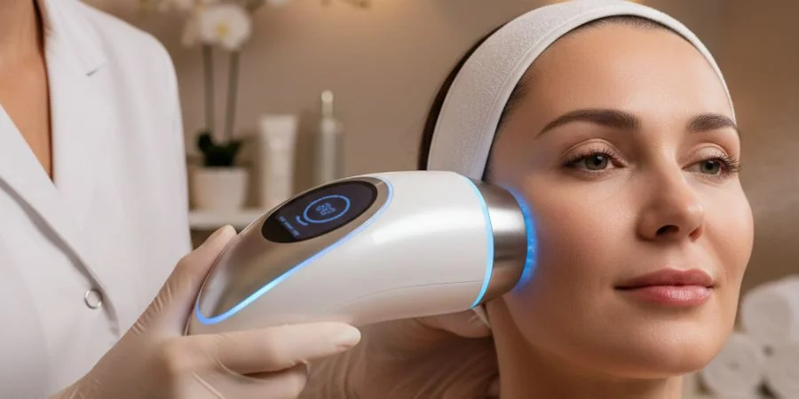 HydraFacial device delivering serums during a CoLaz Platinum facial