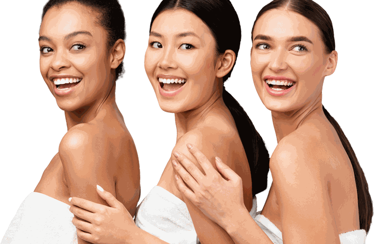 Three smiling models with smooth, healthy skin after CoLaz laser hair removal