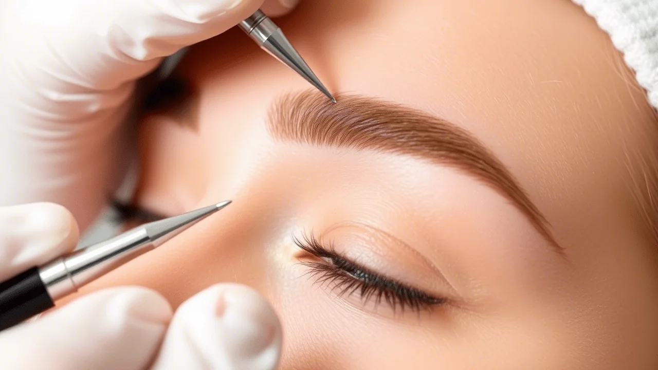 Close-up of a CoLaz microblading artist using the fine handheld blade to lay individual hair-stroke pigment lines into a client's eyebrow