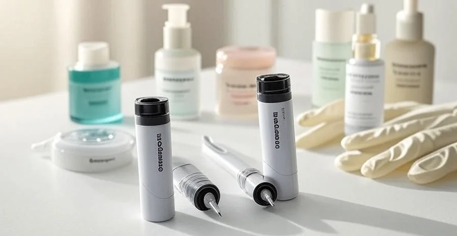 Dermapen microneedling handpieces with different needle-depth cartridges on a CoLaz treatment surface