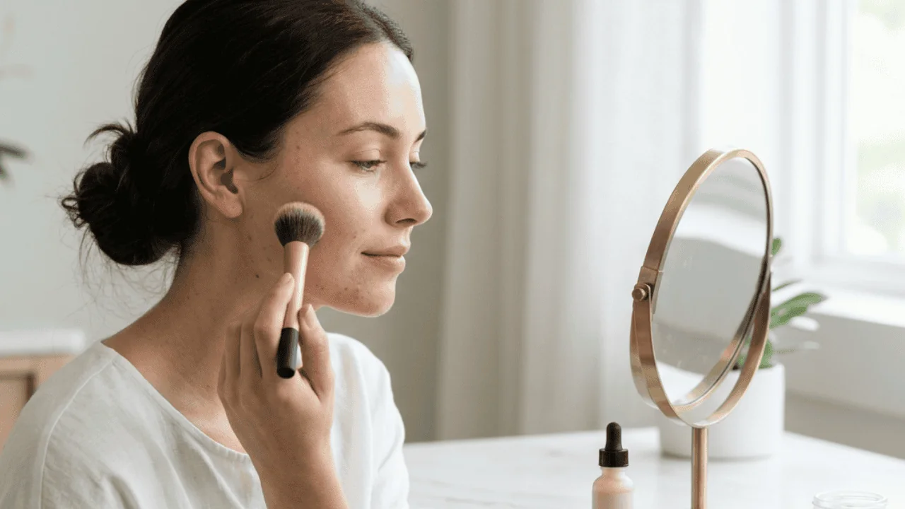 Patient at her home vanity applying gentle makeup with a light serum on the counter, the kind of calm routine recommended for the first days after milia removal at CoLaz