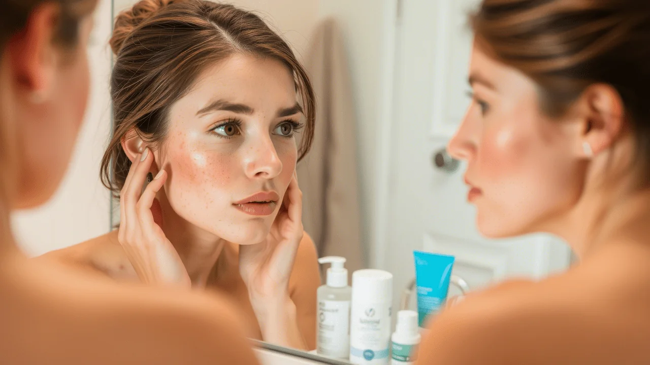 Patient checking her face in the bathroom mirror at home with aftercare balm and SPF on the counter, the routine recommended for the first weeks after a CoLaz mole removal