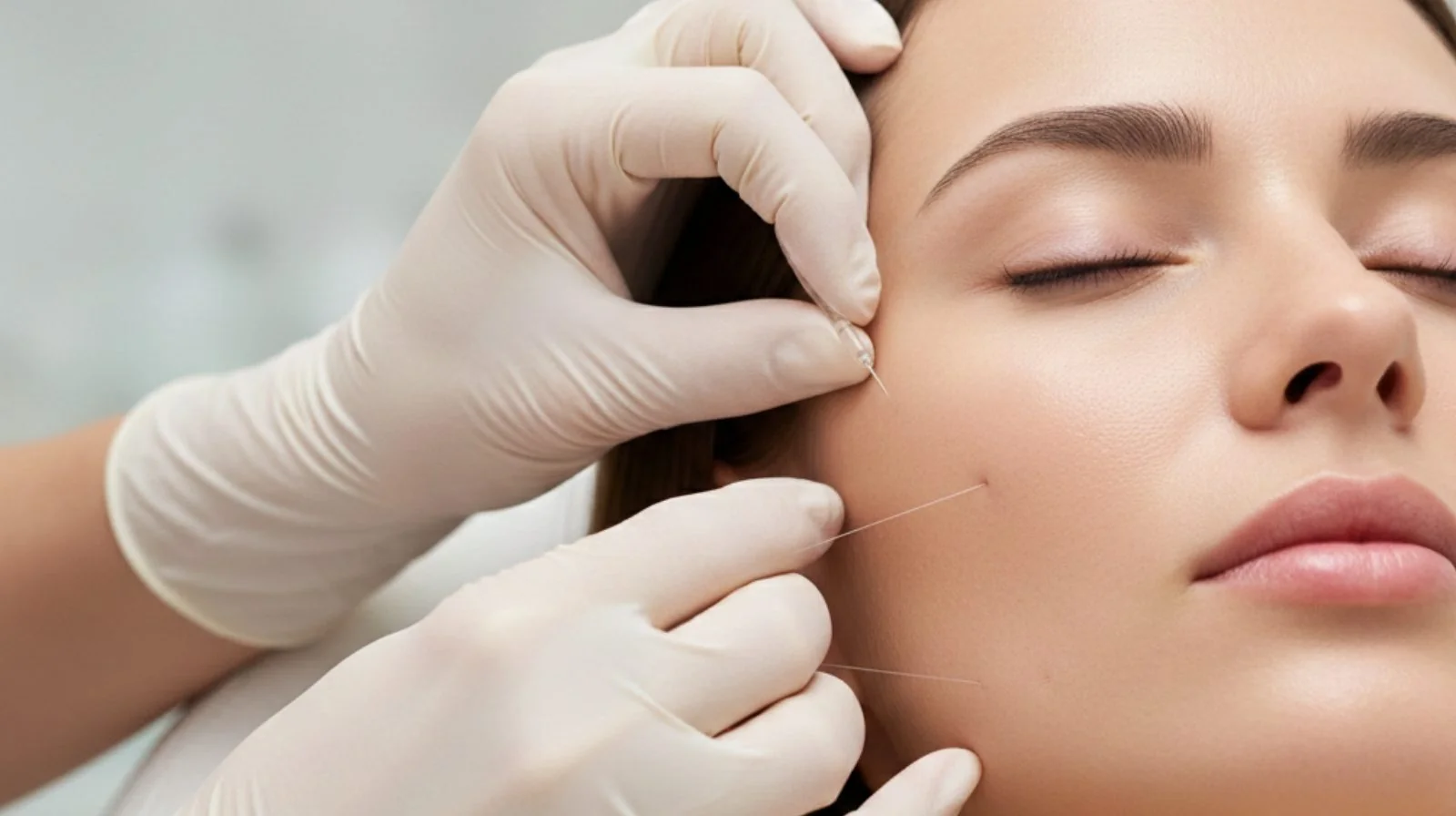Close-up of a CoLaz clinician inserting a PDO thread along the temple and cheek vector during a non-surgical lift for mild mid-face sagging