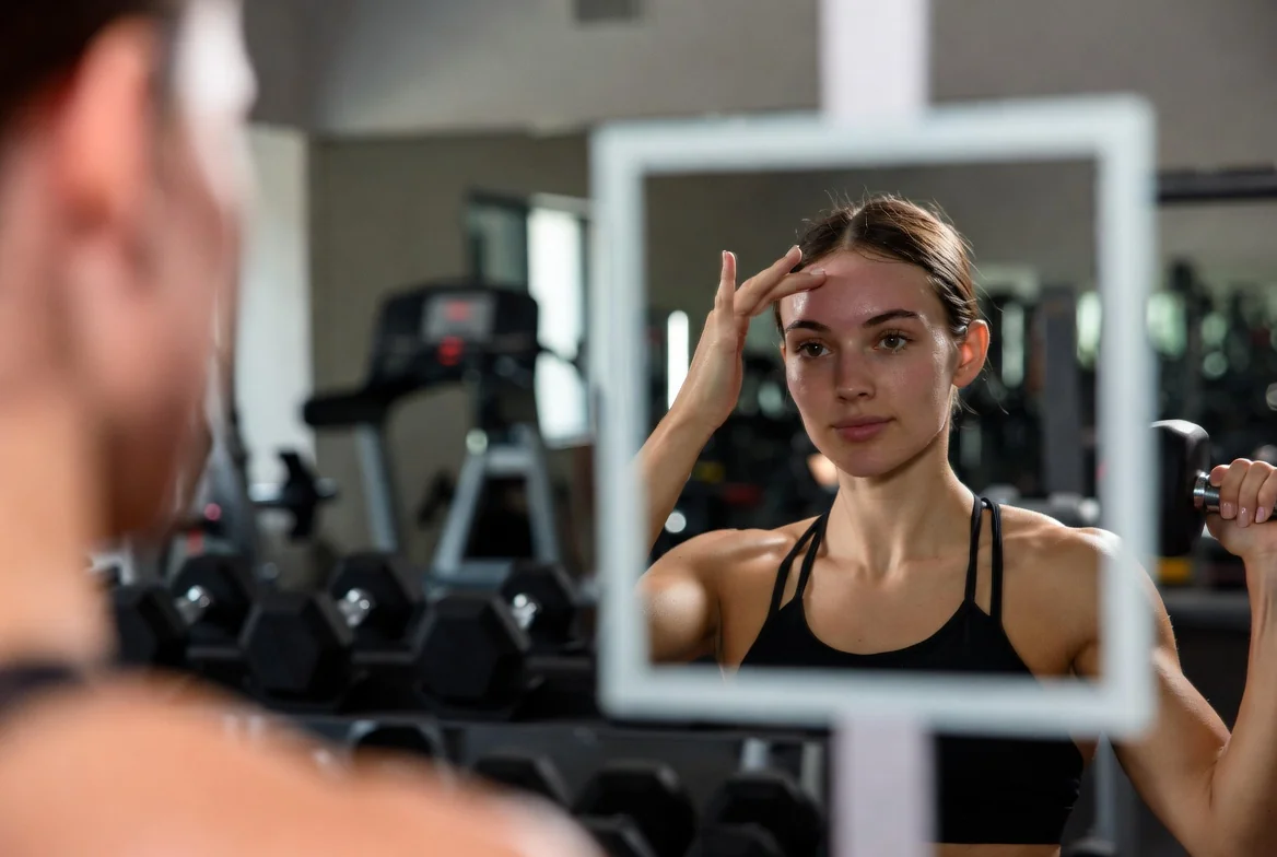 Patient at the gym checking her face in a mirror, representing the two-week pause on intense exercise and facial massage recommended after a PDO thread lift