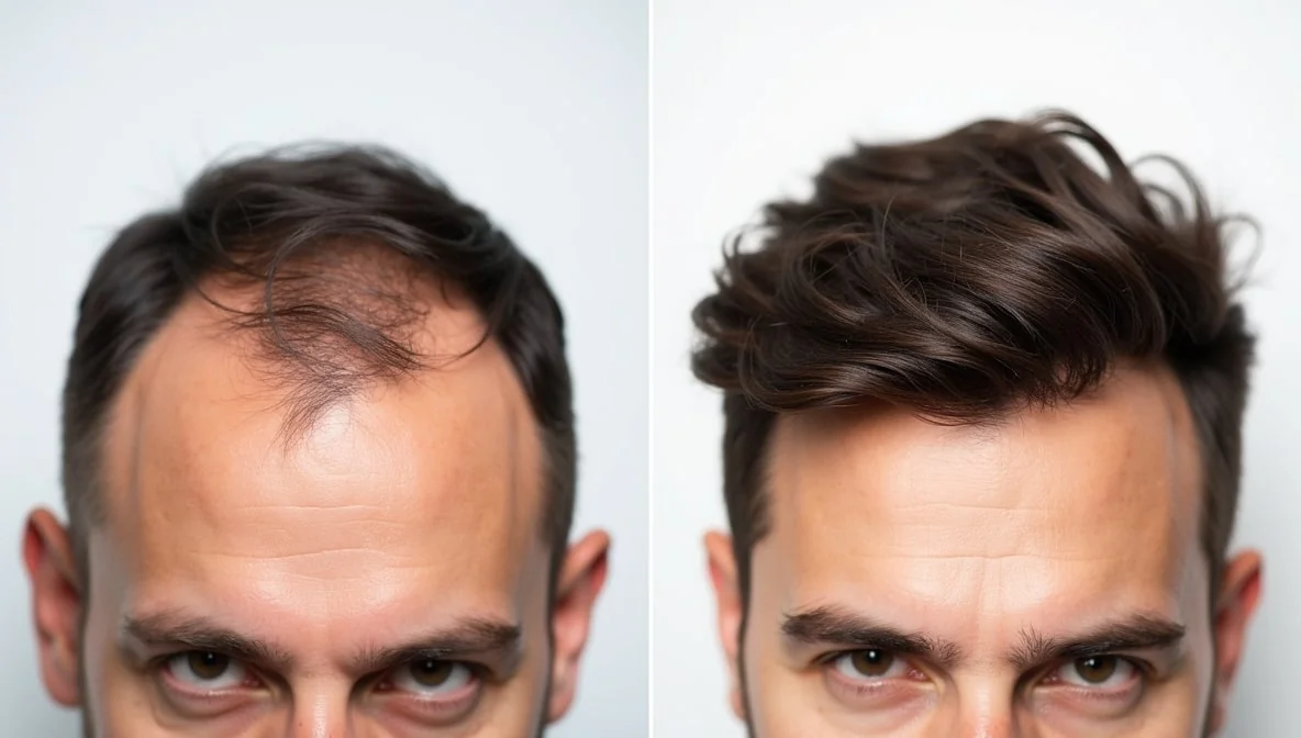 Before and after comparison of a male PRP hair loss patient at CoLaz showing a restored hairline and thicker crown coverage after a full course