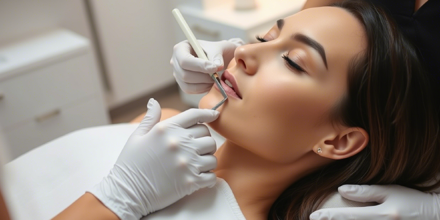 Woman receiving a gentle dermaplaning facial from a professional in a clean skincare clinic.
