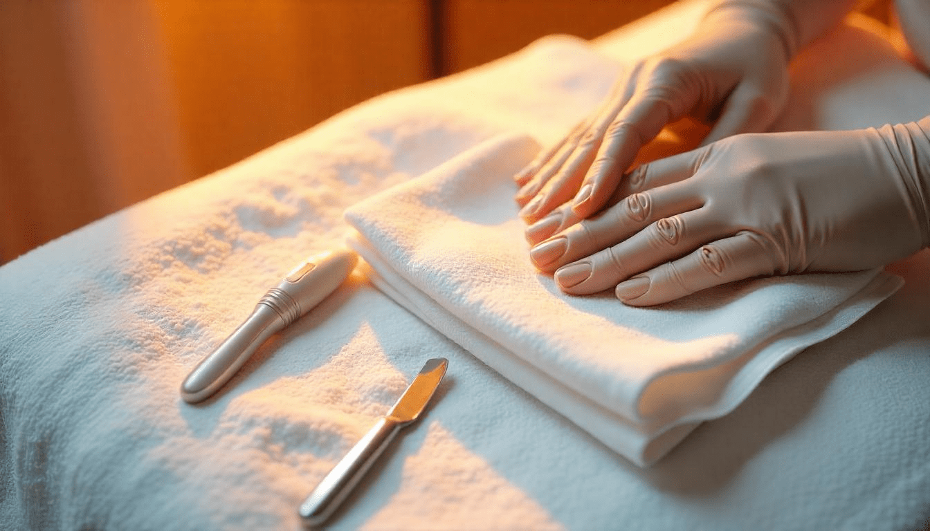 Dermaplaning tools including a scalpel and cotton pads on a clean white towel.