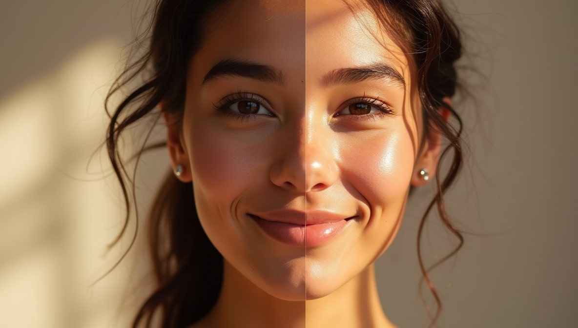 Side-by-side comparison showing before and after dermaplaning results with smoother skin and less visible pores