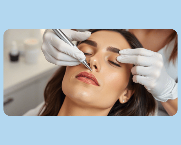 Professional dermaplaning treatment being performed on a woman’s cheek for smoother skin and reduced pore appearance