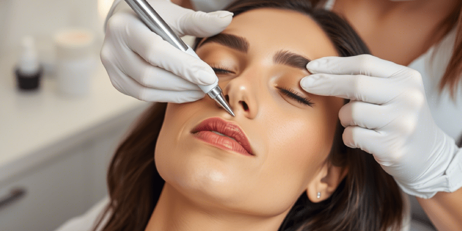 Professional dermaplaning treatment being performed on a woman’s cheek for smoother skin and reduced pore appearance