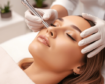 Professional aesthetician performing dermaplaning treatment on a woman at a skincare clinic