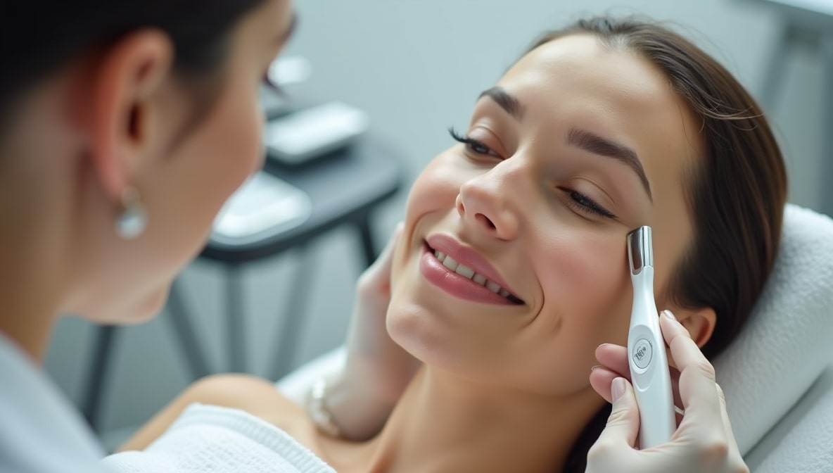 Skincare expert performing dermaplaning treatment on client’s face in professional setting