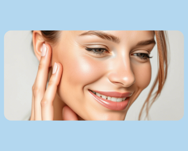 Woman with radiant skin after dermaplaning touching her face in natural light