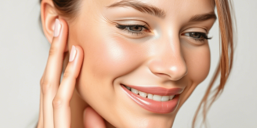 Woman with radiant skin after dermaplaning touching her face in natural light