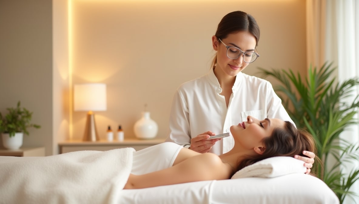 A skincare expert performing dermaplaning treatment in a calm, professional setting.