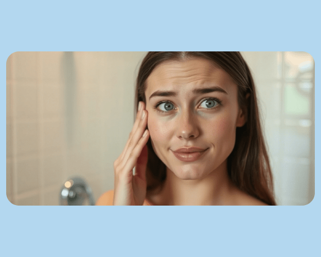 A woman gently touching her face after dermaplaning with a slightly confused look.