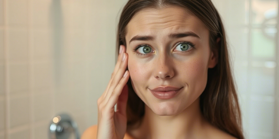 A woman gently touching her face after dermaplaning with a slightly confused look.