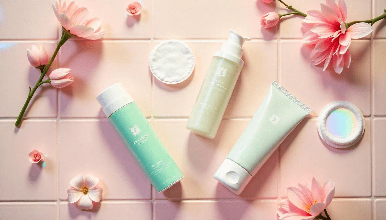 Skincare essentials like aloe vera and sunscreen for soothing skin after dermaplaning.