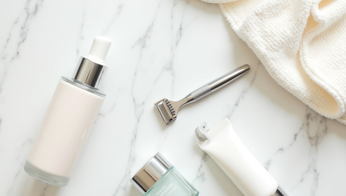 Flat lay of dermaplaning tools for upper lip skincare routine