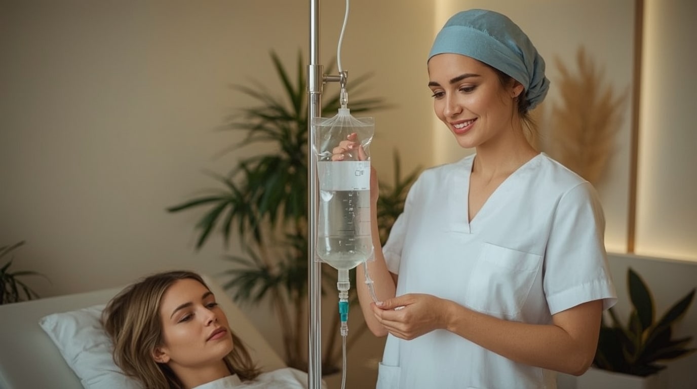 Medical professional preparing an IV drip for energy boost therapy in a clinic.