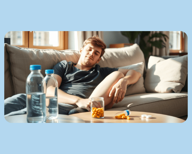 Person looking fatigued on a couch, showing signs of low energy and vitamin deficiency.
