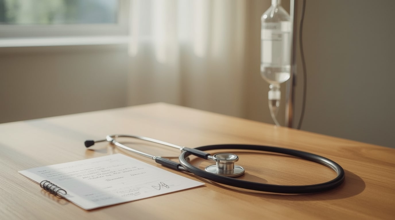 Doctor’s desk with prescription pad and IV bag on a stand