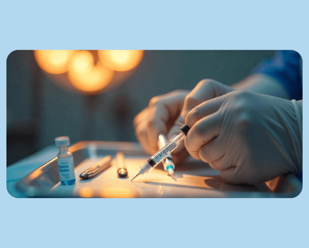 Doctor preparing Hyaluronic Acid and PRP syringes for joint therapy.