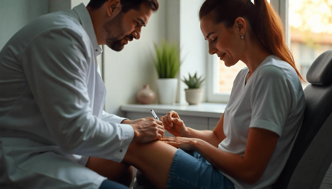 A patient receiving a platelet-rich plasma injection in the knee, with a doctor carefully performing the procedure.