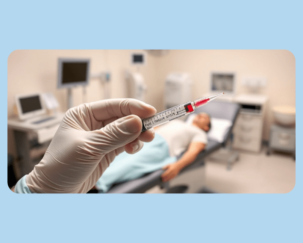 A doctor in gloves holding a syringe with PRP, preparing for an injection in a clinical setting.