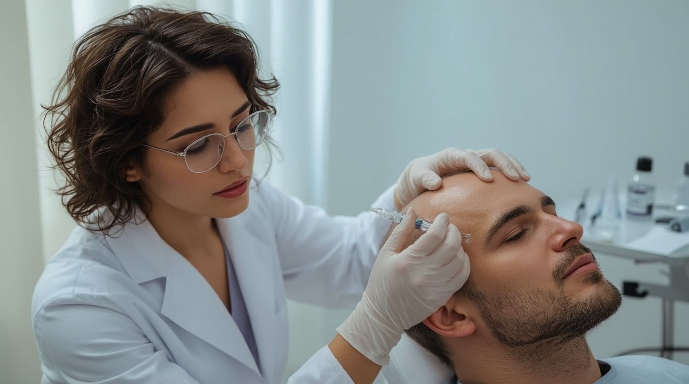 Doctor administering PRP injection to a male patient’s scalp as part of non-surgical hair regrowth therapy.