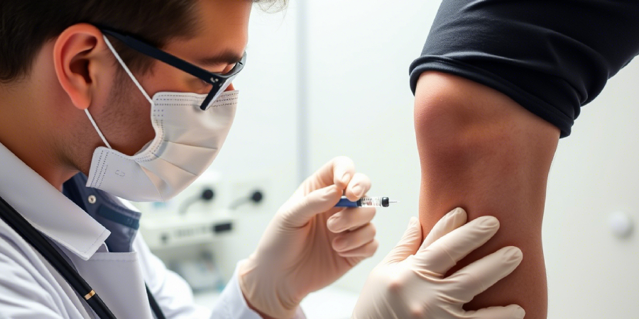 Doctor performing PRP injection for meniscus tear treatment in a clinical setting