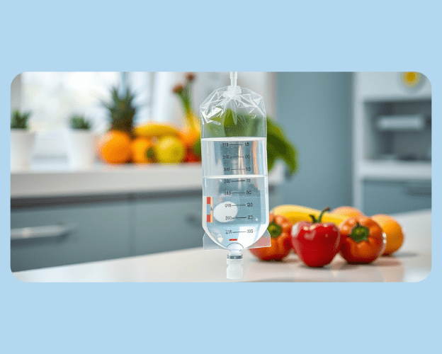 An IV bag beside fresh fruits and vegetables on a white clinic countertop.