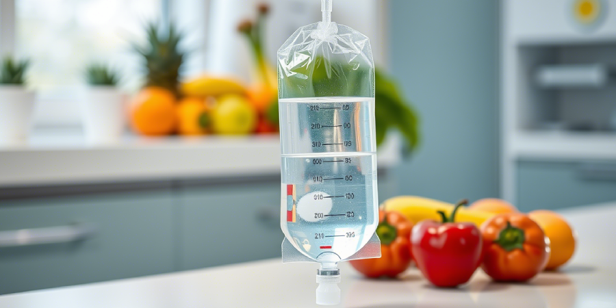 An IV bag beside fresh fruits and vegetables on a white clinic countertop.