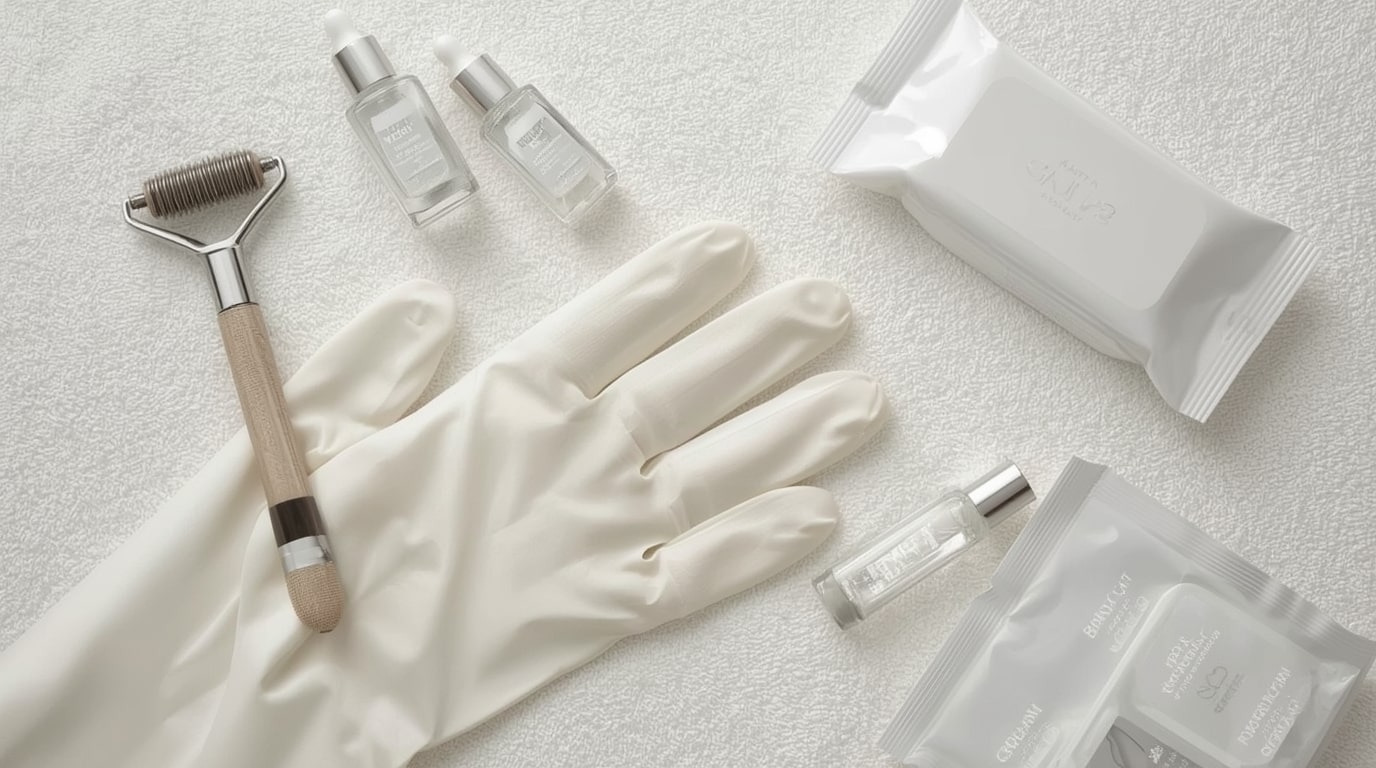 Flat lay of mesotherapy tools for hair growth including serum, derma roller, and gloves