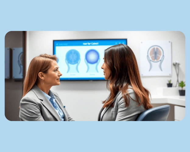 Patient consulting a dermatologist at a hair clinic about mesotherapy treatment