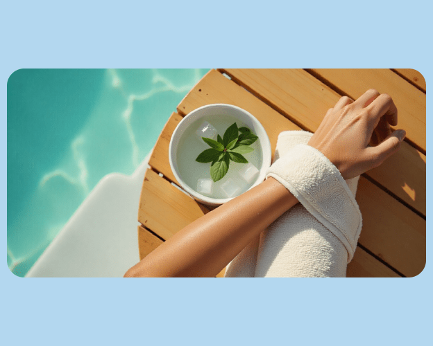 Cool compress on arm with ice water bowl itch relief