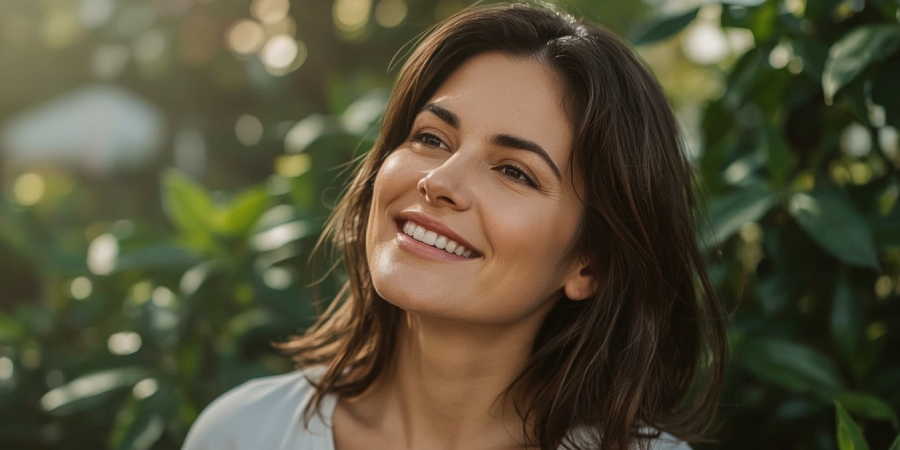 Energized woman smiling outdoors after vitamin B12 injection
