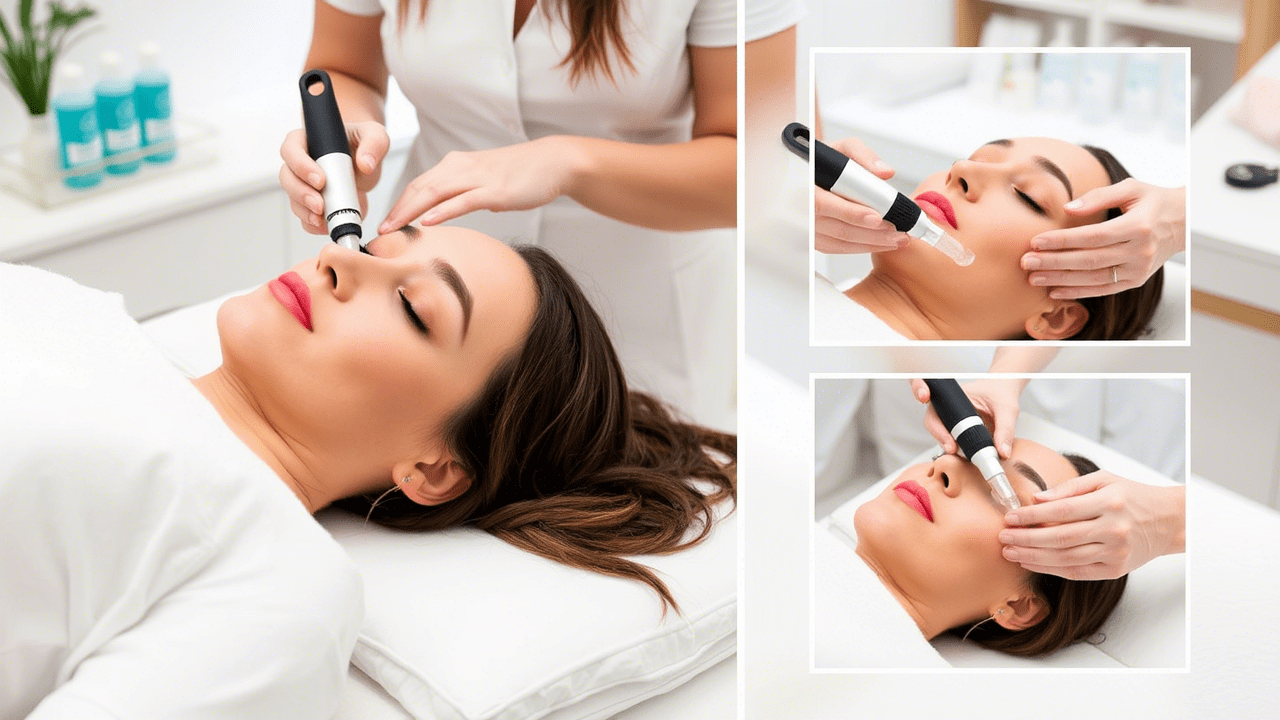 Facial steps of Hydrafacial treatment with skincare tools