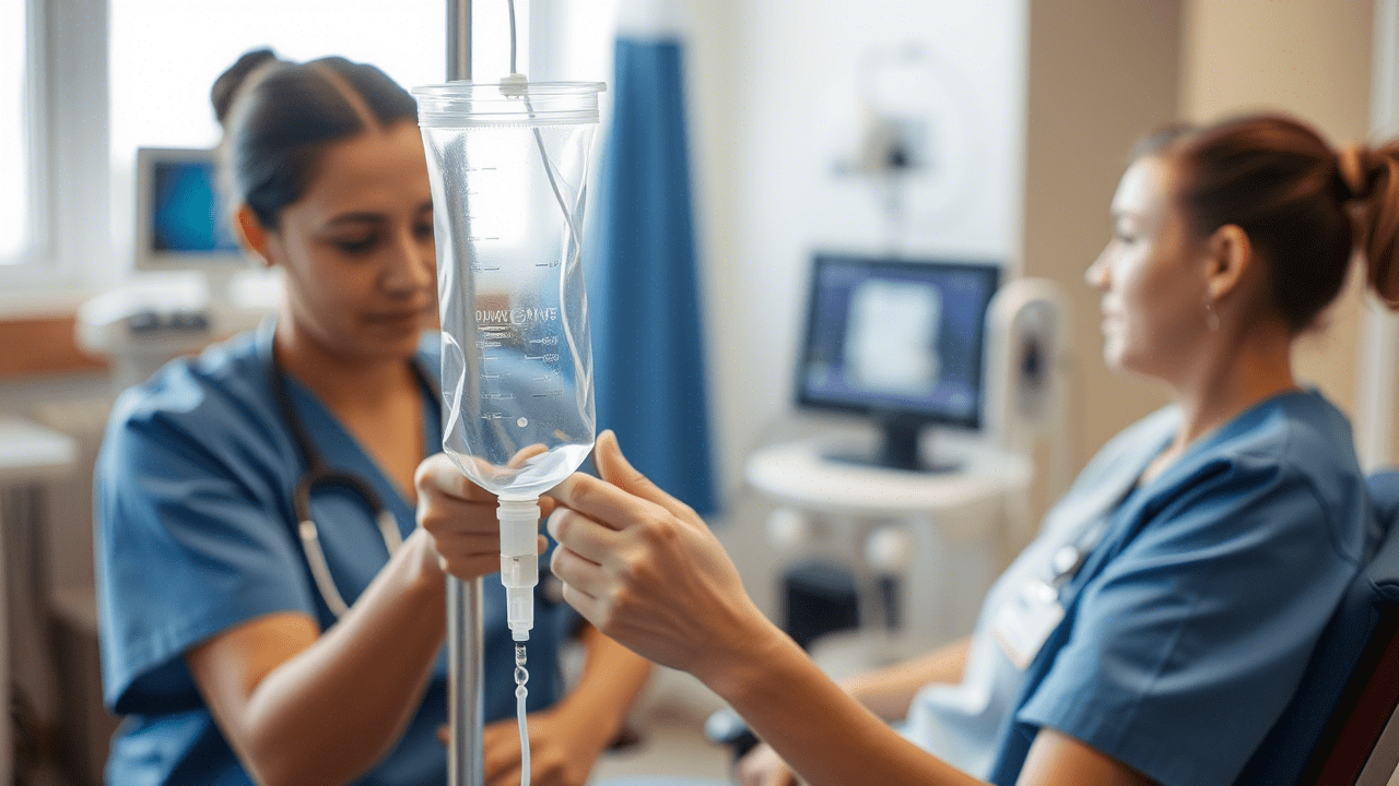 A healthcare professional setting up an IV drip bag in a clinical setting, preparing for a hydration or vitamin infusion.