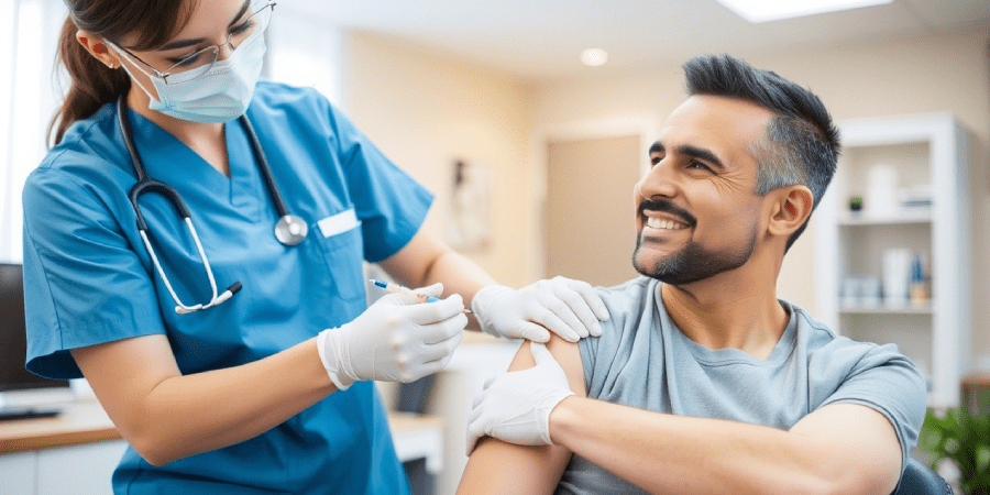 Person receiving a B12 injection from a nurse in a clinic setting