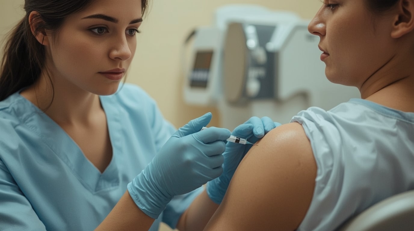 Person receiving a B12 injection in the upper arm from a professional