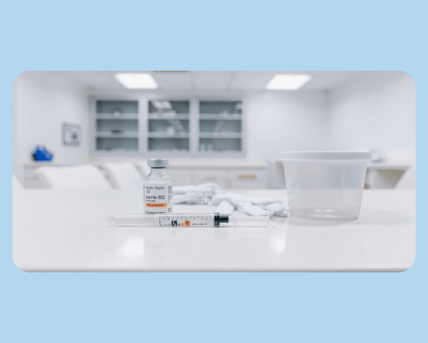Supplies needed to give a vitamin B12 injection including syringe, vial, and alcohol swabs
