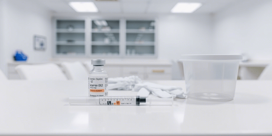 Supplies needed to give a vitamin B12 injection including syringe, vial, and alcohol swabs